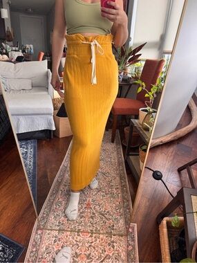 Free People Beach Yellow Ribbed Long Skirt S High Rise Drawstring Elastic Waist